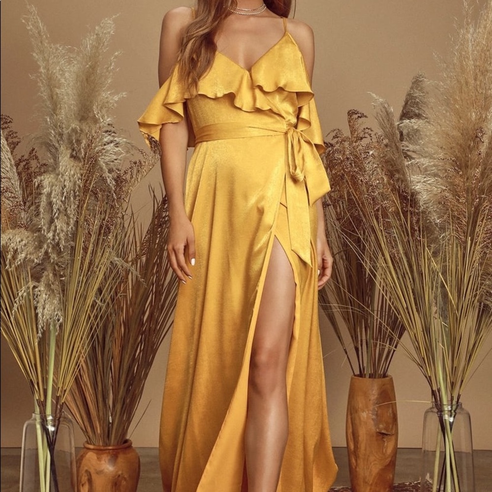 Mustard Yellow Satin Wrap Maxi Dress